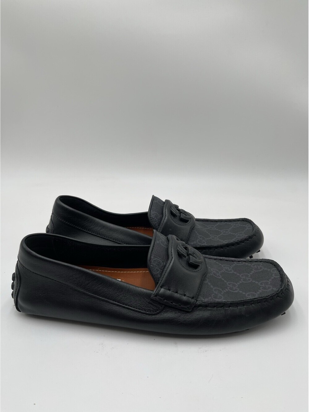 Men’s Gucci Square Toe Leather Loafers Black Interlocking G Size UK 7